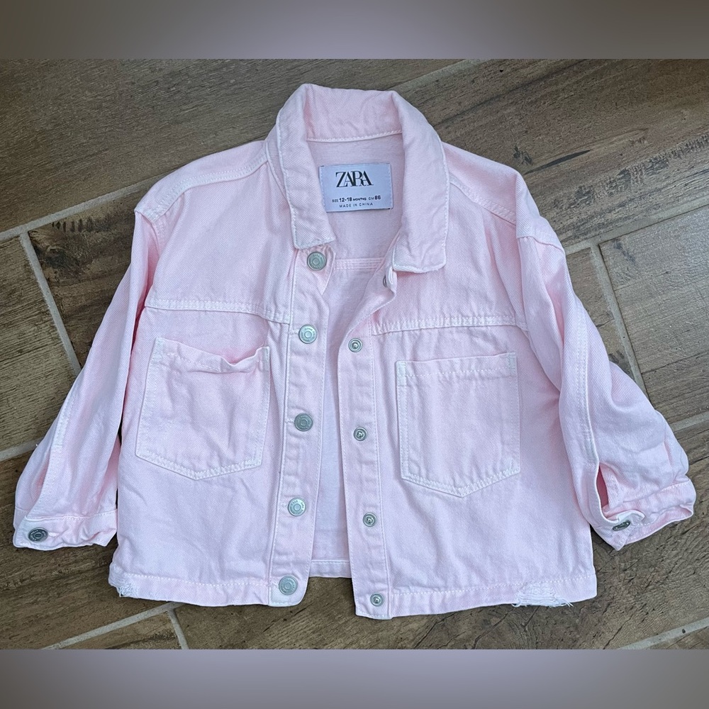 Zara Toddler Girl 12-18 months Light Pink Distressed Snap Jean Jacket